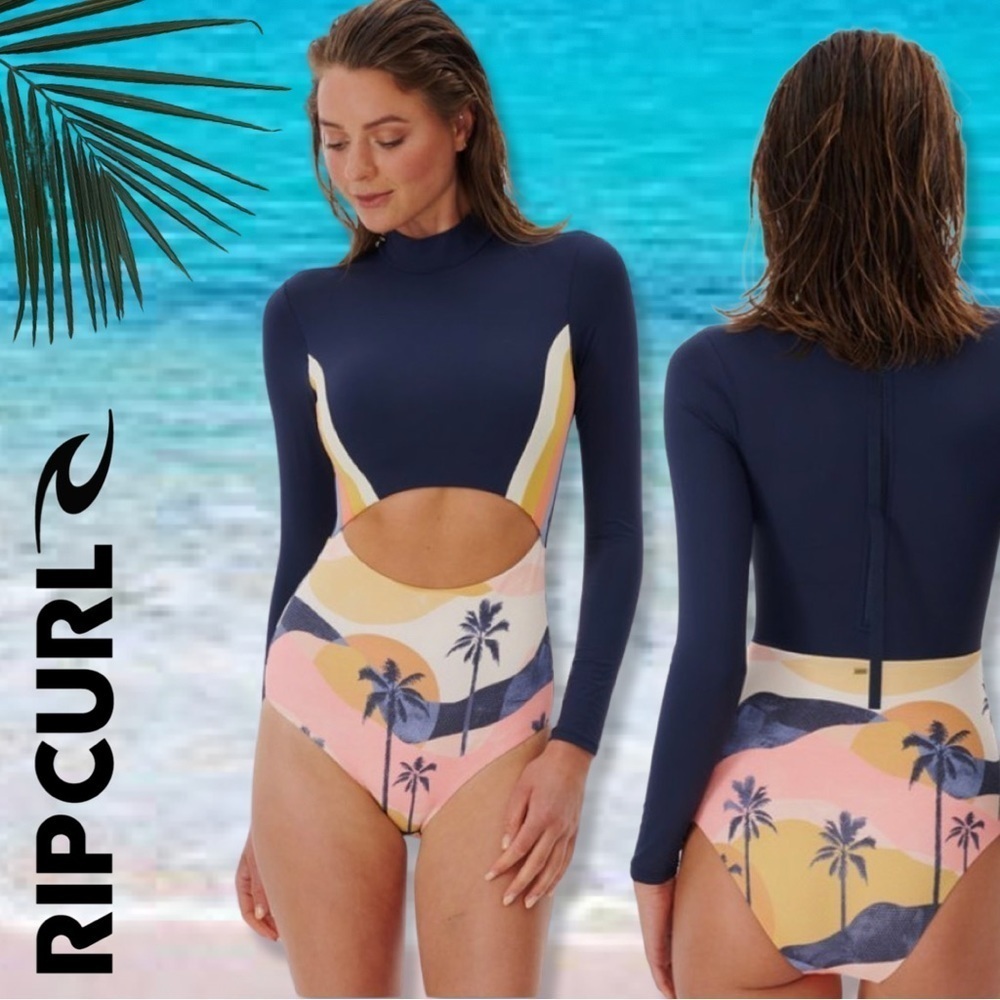 Rip Curl Navy, Pink & Yellow Long Sleeve Cutout One-Piece Swimsuit